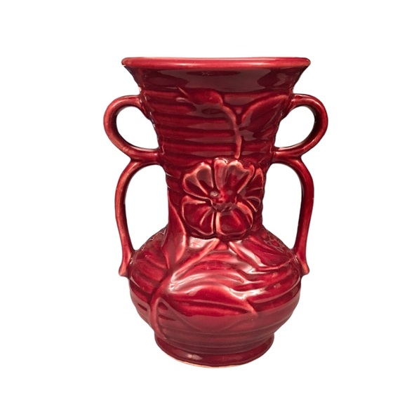 Shawnee Pottery USA Ribbed Daisy Flower Vase Cranberry Red Double Handle 7.5" - Picture 2 of 14